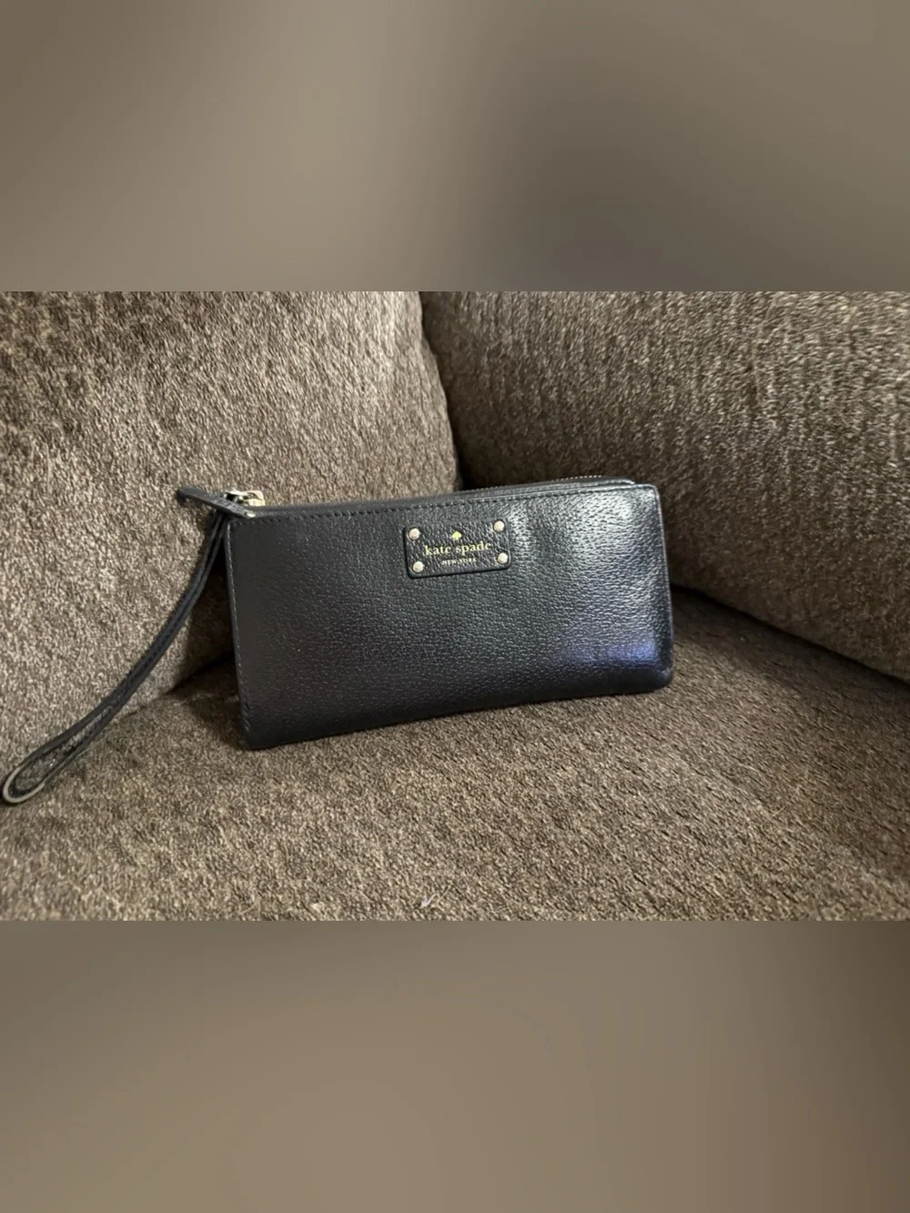 kate spade Black Leather Zip Wristlet/Wallet with Gold Hardware large 8”W X 4”H